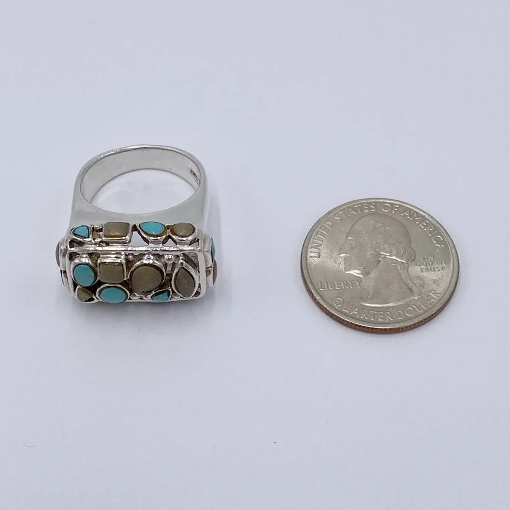 Vintage Turquoise and Cream Cluster Silver Ring